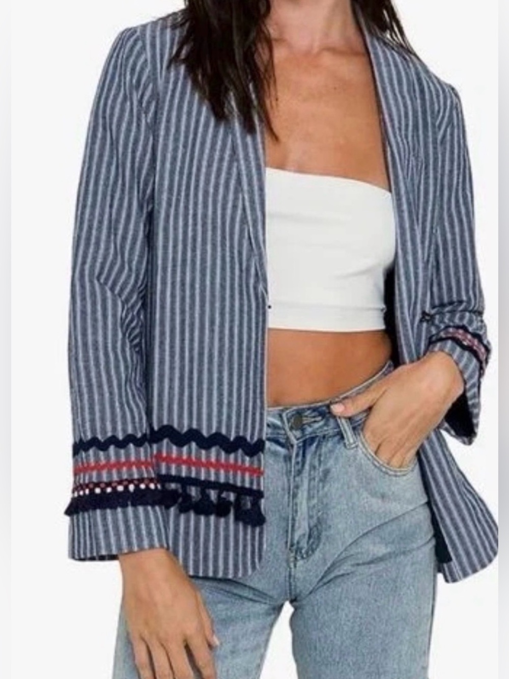 NWT Free the Roses Striped Navy Jacket with tassels